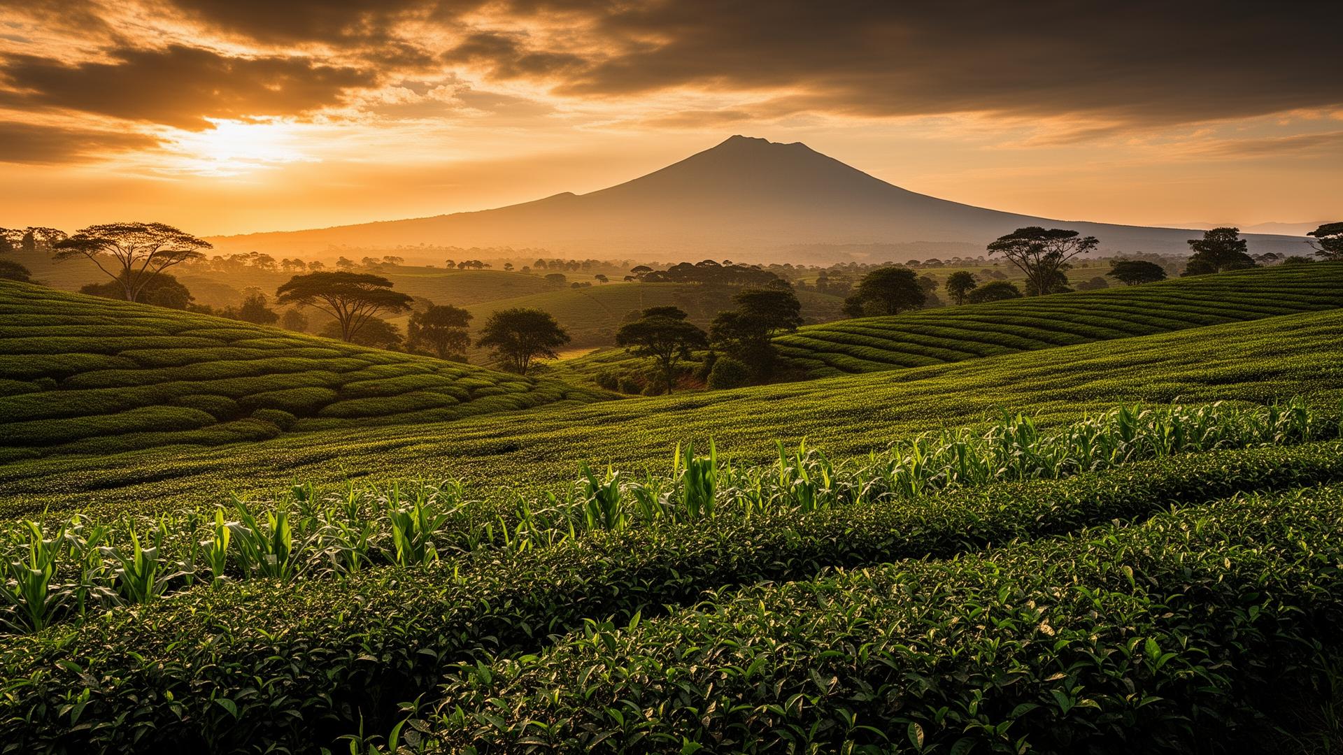 Kenyan farmland at sunrise with Mount Kenya in the distance